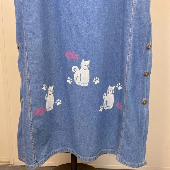 Cat lover Vtg denim short sleeve scoop neck embroidered side slit maxi dress XXL - Picture 4 of 17